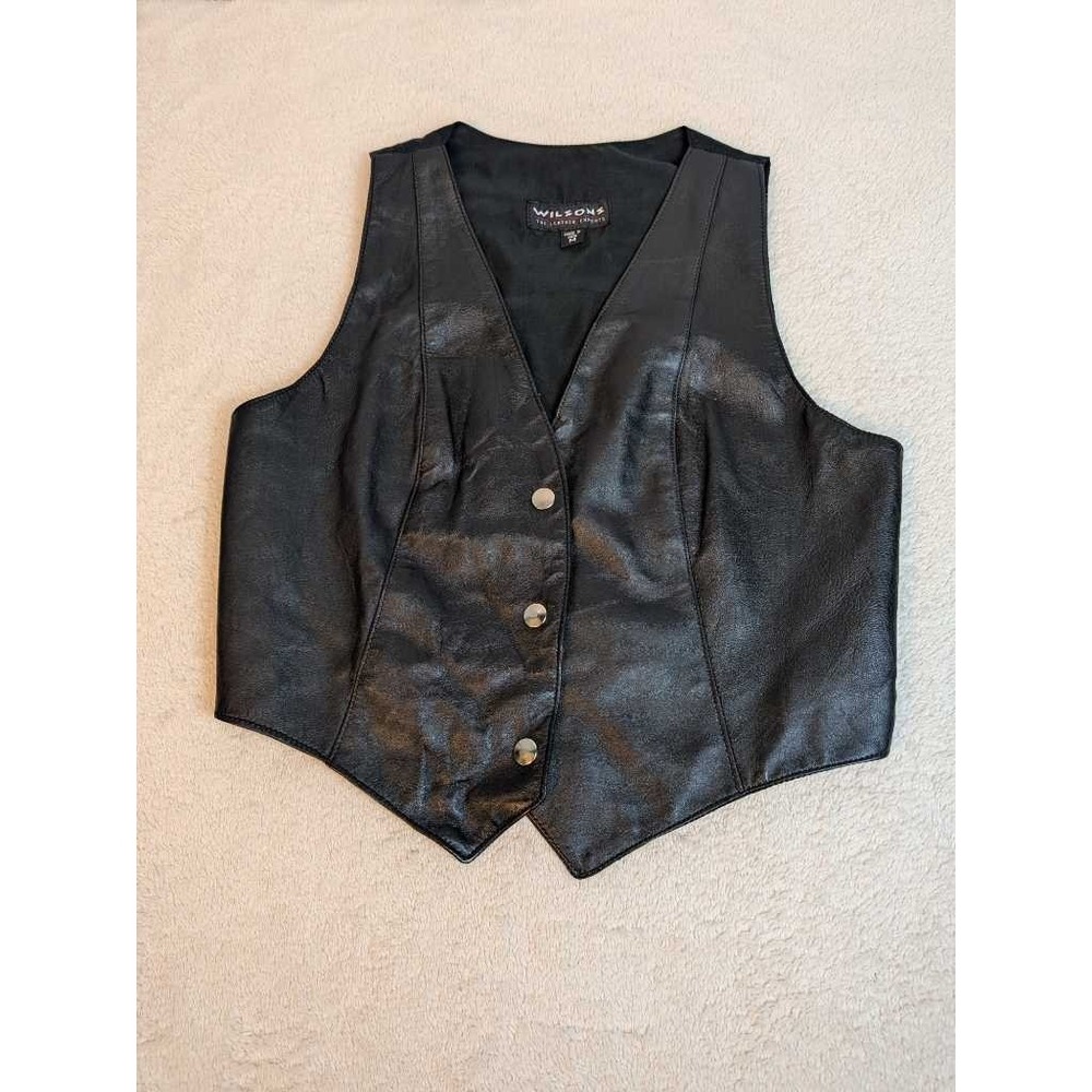 Wilsons Leather Vest Womens Medium Black V-Neck Button Front Goth Biker Style